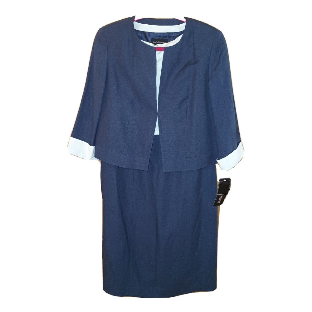 NWT ISABEL NINA Womens 6 Linen Blend 2pc Dress Jacket Church Office Modest Navy